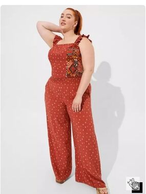 Rust Printed Wide-Leg Jumpsuit with Ruffle Straps